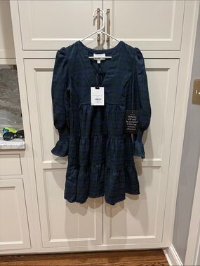NWT Pomander Place Navy & Green Plaid Tiered Dress Sz XS